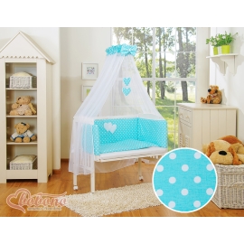 Bedding set 6pcs for bedside cot FABIO- Hanging hearts white dots on turquoise