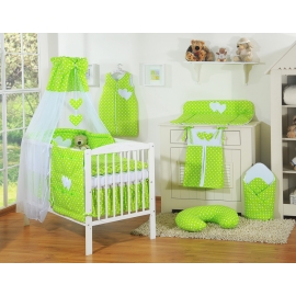 Bedding set 7-pcs bumper cases canopy filling - Hanging Hearts white dots on green