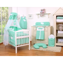 Bedding set 7-pcs with canopy- Hanging Hearts white dots on mint