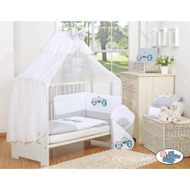 Bedding set 7-pcs with mosquito-net- Owls Gray-turquoise