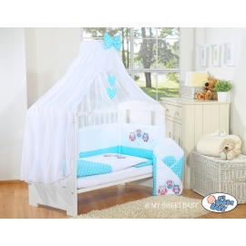 Bedding set 7-pcs with mosquito-net- Owls turquoise