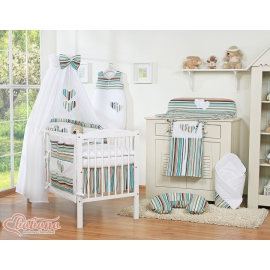 Bedding set for baby cot 11-pcs with canopy- Hanging Hearts brown stripes