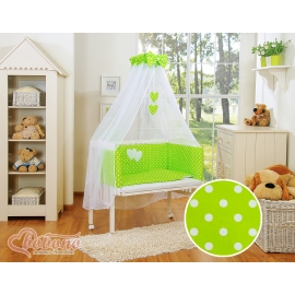 Bedside cot with mattress and bedding set Hanging Hearts white dots on green