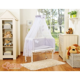 Bedside crib with mattress and bedding set- Hanging Hearts Gray