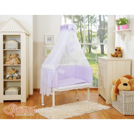 Bedside crib with mattress and bedding set- Hanging Hearts lilac