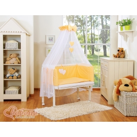 Bedside crib with mattress and bedding set- Hanging Hearts peach