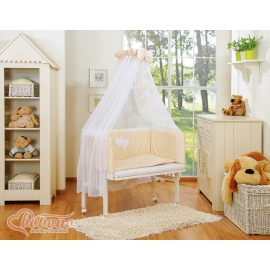 Bedside crib with mattress and bedding set- Hanging Hearts white dots on beige