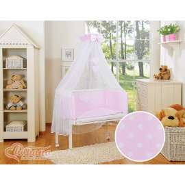 Bedside crib with mattress and bedding set- Hanging Hearts white dots on pink