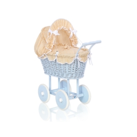 Blue Wicker Stroller Doll pram Bedding Set in Beige with White Dots