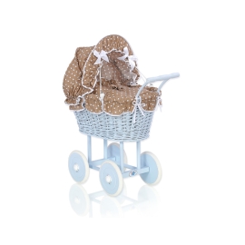 Blue Wicker Stroller Doll pram Bedding Set White Dots on Brown