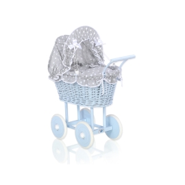 Blue Wicker Stroller Doll pram Bedding Set White Dots on Gray