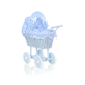 Blue Wicker Stroller Doll pram Blue with Big White Dots