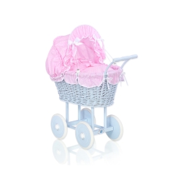 Blue Wicker Stroller Doll pram Pink Bedding with White Dots