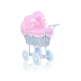 Blue Wicker Stroller Doll pram Pink checkered Bedding