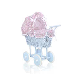 Blue Wicker Stroller Doll pram Pink Flowers Bedding Set