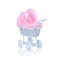 Blue Wicker Stroller Doll pram Pink White Checkered Bedding Set