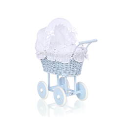 Blue Wicker Stroller Doll pram White Bedding Set