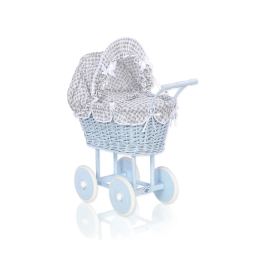 Blue Wicker Stroller Doll pram White Gray Checkered