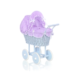 Blue Wicker Stroller Doll pram White-Lilac Checkered Bedding Set