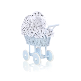 Blue Wicker Stroller Doll pram White with Black Dots Bedding Set
