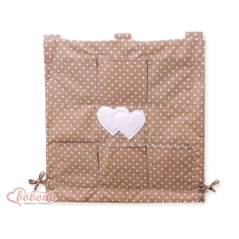 Cot tidy organiser - Hanging Hearts white dots on brown