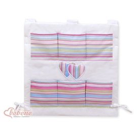 Cot tidy organiser with Pockets for Cot Bed- Hanging Hearts lilac stripes