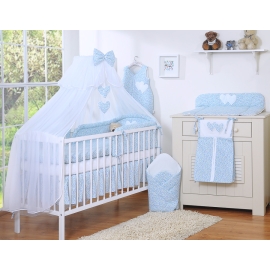 Cotbed Bedding set 5-pcs with mosquito-net- Hanging Hearts little blue flowers