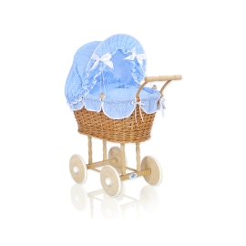 Doll Pram made of Natural Wicker and Wood Bedding Set White Dots on Blue