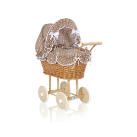 Doll Pram made of Natural Wicker and Wood Bedding Set White Dots on Brown
