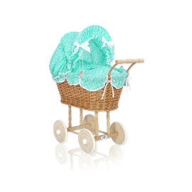 Doll Pram made of Natural Wicker and Wood Bedding Set White Dots on Mint