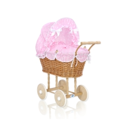 Doll Pram made of Natural Wicker and Wood Bedding Set White Dots on Pink
