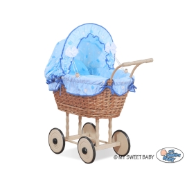 Doll Pram made of Natural Wicker and Wood Blue Bedding with Hearts