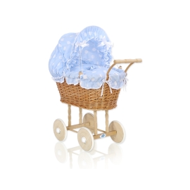 Doll Pram made of Natural Wicker and Wood Blue with Big White Dots