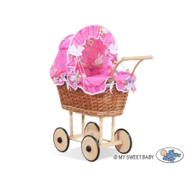 Doll Pram made of Natural Wicker and Wood Pink Bedding - Princesses