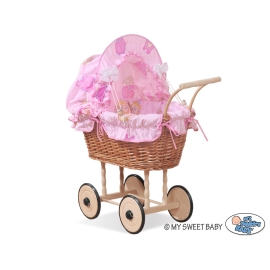 Doll Pram made of Natural Wicker and Wood Pink Bedding - Princesses