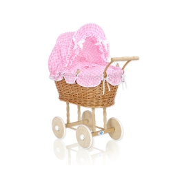 Doll Pram made of Natural Wicker and Wood Pink White Checkered Bedding Set