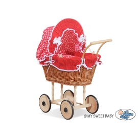 Doll Pram made of Natural Wicker and Wood Red Check Bedding