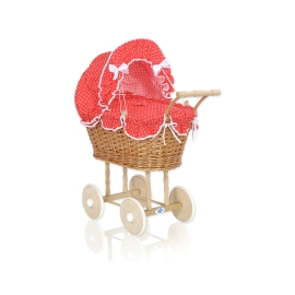 Doll Pram made of Natural Wicker and Wood Red with White Dots