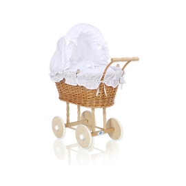 Doll Pram made of Natural Wicker and Wood White Bedding Set