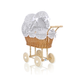 Doll Pram made of Natural Wicker and Wood White Gray Checkered