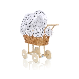 Doll Pram made of Natural Wicker and Wood White with Black Dots Bedding Set