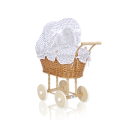 Doll Pram made of Natural Wicker and Wood White with Navy Blue Dots Bedding Set