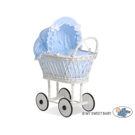 Doll pram made of White Wicker Bedding Set White Dots on Blue