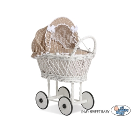 Doll pram made of White Wicker Bedding Set White Dots on Brown