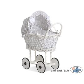 Doll pram made of White Wicker Bedding Set White Dots on Gray