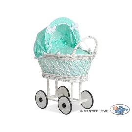 Doll pram made of White Wicker Bedding Set White Dots on Mint