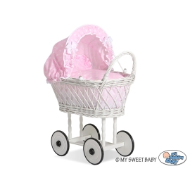 Doll pram made of White Wicker Bedding Set White Dots on Pink