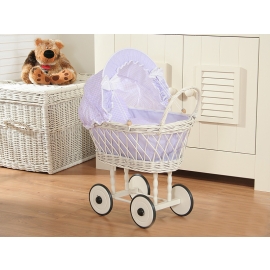 Doll pram made of White Wicker Lilac check Bedding