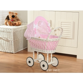 Doll pram made of White Wicker Pink check Bedding