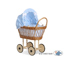Doll pram Natural Wicker and Wood Bedding Set White Dots on Blue